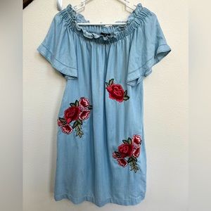 A.N.A Blue Denim Colored Off The Shoulder Rose Embroidered Short Sleeve Dress